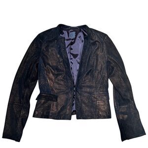 CK Calvin Klein Leather? Black & Gold Women’s Jacket w/Pockets Moto Style Size 6